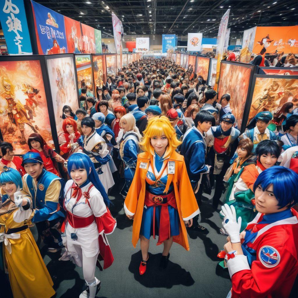 A vibrant scene showcasing a diverse group of cosplayers in elaborate anime costumes at a bustling convention. Include iconic anime character poses, colorful booths filled with merchandise, and excited fans taking photos. The background should have banners with popular anime logos and an energetic atmosphere filled with laughter and excitement. stylized as a dynamic illustration with bold colors.