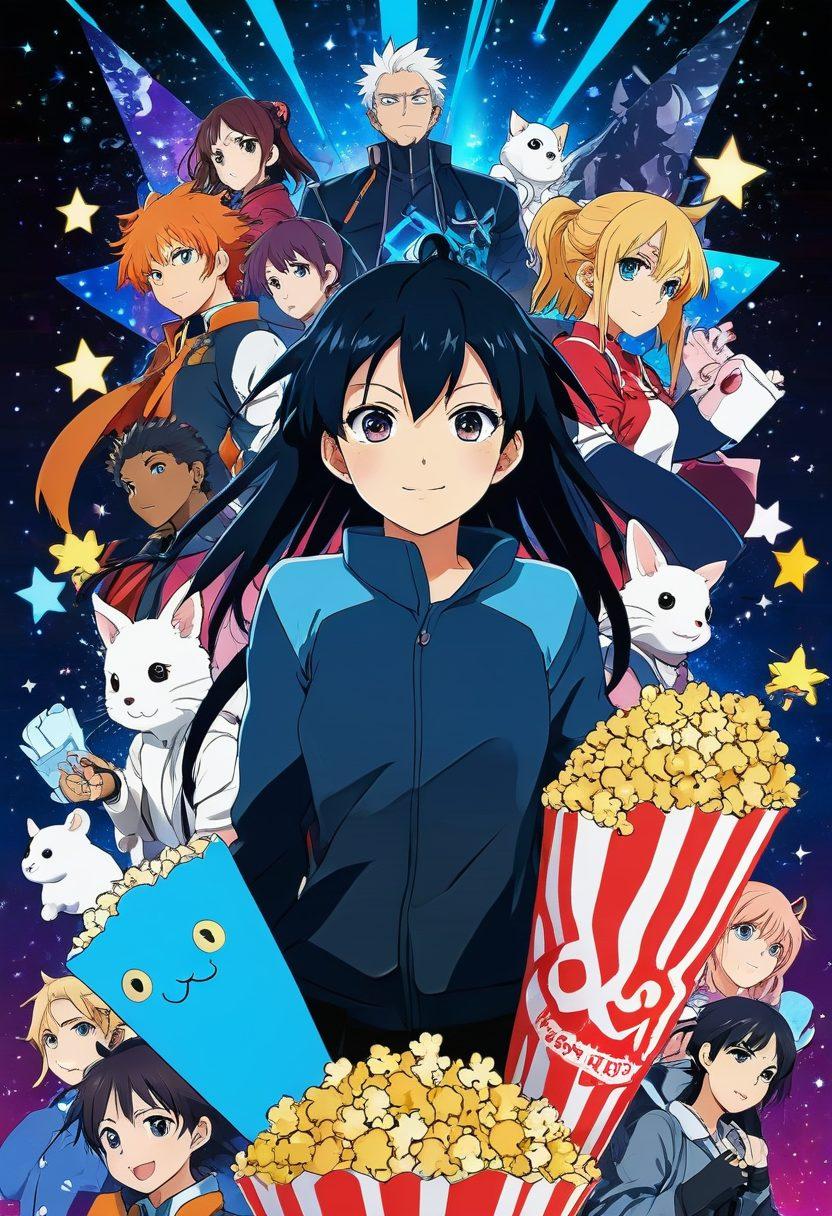 A vibrant collage featuring diverse anime characters from popular and lesser-known shows, set against a backdrop of digital screens resembling streaming platforms. Include elements like popcorn, a glowing remote, and stars to signify the excitement of discovering hidden gems. The color scheme should be bright and energetic, emphasizing the joy of anime exploration. vibrant colors. vector art. 3D.